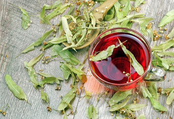 herbal tea. cup of linden tea on a wooden table. traditional remedy for cold and flu. top view