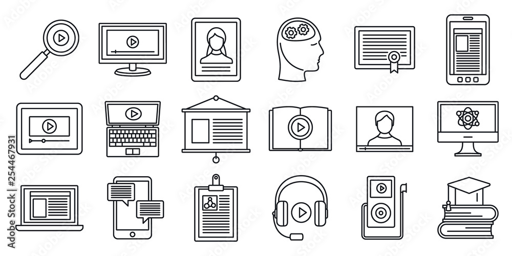 Poster online interactive learning icons set. outline set of online interactive learning vector icons for w