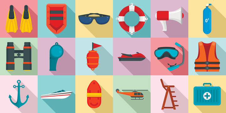 Sea Safety Icons Set. Flat Set Of Sea Safety Vector Icons For Web Design