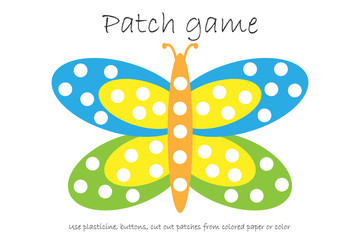 Education Patch game butterfly for children to develop motor skills, use plasticine patches, buttons, colored paper or color the page, kids preschool activity, printable worksheet, vector