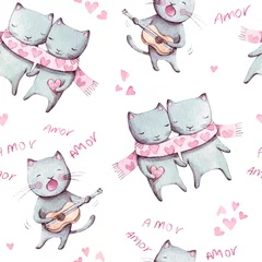 Wallpaper murals Watercolor set 1 Cats seamless pattern. Watercolor illustration. Pink, white cats. Pattern for a gift, textile.