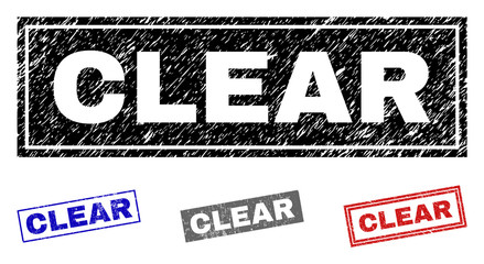 Grunge CLEAR rectangle stamp seals isolated on a white background. Rectangular seals with distress texture in red, blue, black and grey colors.