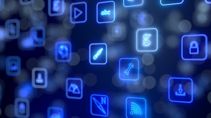 flow of smartphone app icons. neon style glowing icons. 3d illustration