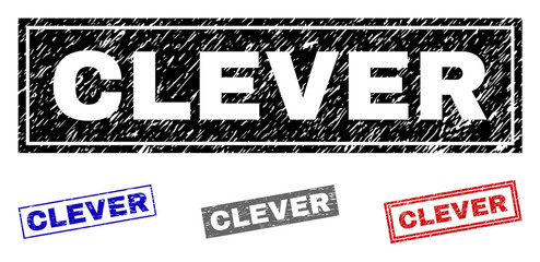 Grunge CLEVER rectangle stamp seals isolated on a white background. Rectangular seals with distress texture in red, blue, black and grey colors.