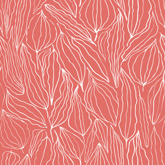 Hand drawn white line art leaves on coral pink background. Modern seamless vector pattern. Great for wellbeing, yoga, beauty and organic products, home decor, gift wrap, fabric, stationery, packaging