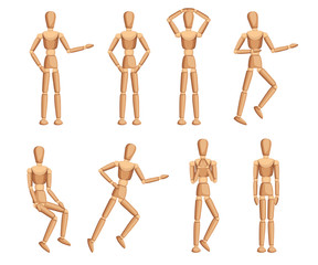 Wooden mannequin collection. Dummy with different poses. Cartoon flat style. Vector illustration isolated on white background