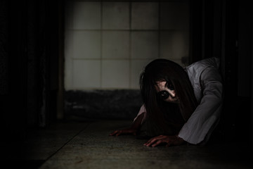 Portrait of asian woman make up ghost face with blood,Horror scene,Scary background,Halloween...