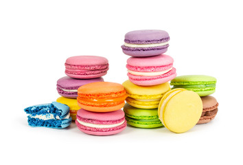 Fototapeta na wymiar Different colorful french macaroons isolated on white