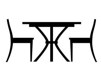 Black silhouette. Restaurant and cafe wooden table and two chairs. Flat vector illustration isolated on white background