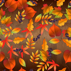 Fototapeta na wymiar red and yellow autumn leaves. vector seamless pattern on wooden background