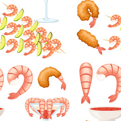 Seamless pattern. Fried shrimp in batter, boiled and kebab shrimp. Sauce for seafood. Tasty restaurant food. Flat vector illustration on white background