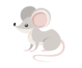 Grey forest mouse. Wood mouse cartoon style design. Flat vector illustration isolated on white background. Forest inhabitant. Wild animal with grey fur