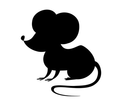Black silhouette. Grey forest mouse. Wood mouse cartoon style design. Flat vector illustration isolated on white background. Forest inhabitant
