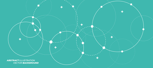 Abstract vector illustration with overlapping circles, dots and dashed circles. Science and connection concept. Wide molecule structure background.