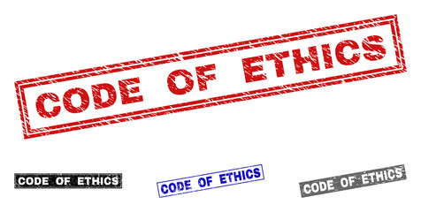 Grunge CODE OF ETHICS rectangle stamp seals isolated on a white background. Rectangular seals with grunge texture in red, blue, black and grey colors.