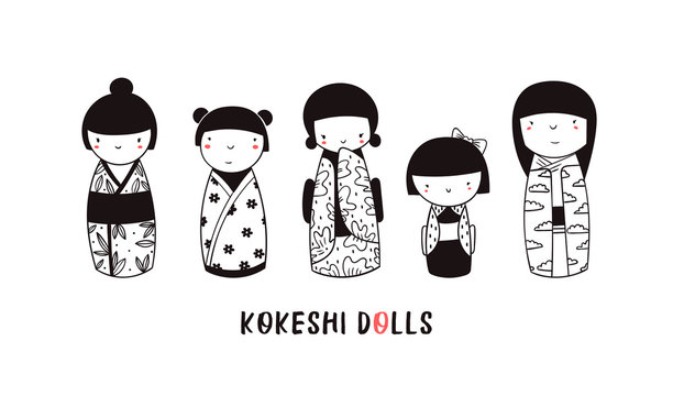 Cute Kokeshi dolls. Various characters. Traditional japanese toys. Kawaii illustration. Hand drawn graphic vector set. All elements are isolated