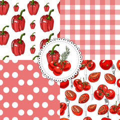 Collection of seamless pattern of red  hand drawn red tomatoes, sweet peppers  and objects for kitchen. Ink and colored sketch.  Whole and sliced elements.