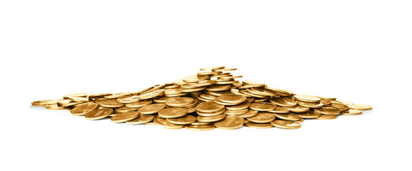Pile of shiny coins on white background
