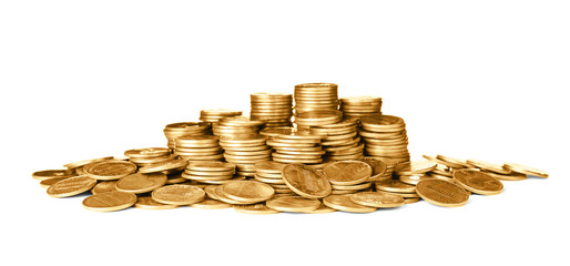 Pile of shiny USA coins on white background