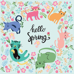 illustration and inscription Hello Spring in circle with cats