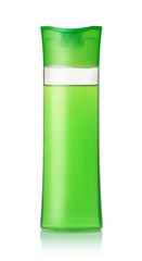 Green plastic shampoo bottle