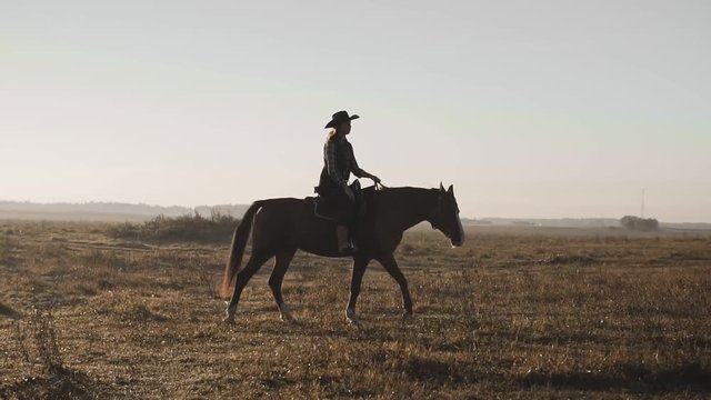 Beautiful woman in cowboy hat riding a horse in background sunrise in field. Young cowgirl at brown horse with dog in slow motion outdoors