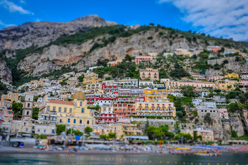 Tilt shift effect of Positano village panorama