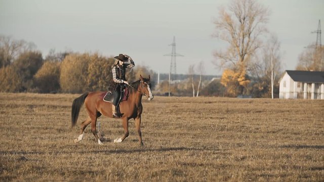 Young woman riding horse with at sunrise field. Cowgirl at brown horse in slow motion outdoors.