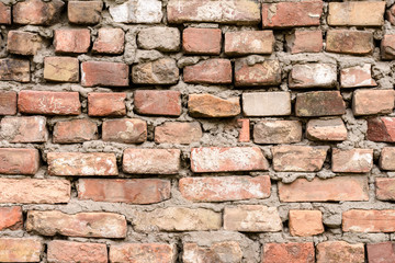 Empty Old Brick Wall Texture. Painted Distressed Wall Surface. Grungy Wide Brickwall. Grunge Red Stonewall Background. Shabby Building Facade With Damaged Plaster. Abstract Web Banner.
