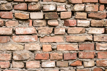 Empty Old Brick Wall Texture. Painted Distressed Wall Surface. Grungy Wide Brickwall. Grunge Red Stonewall Background. Shabby Building Facade With Damaged Plaster. Abstract Web Banner.