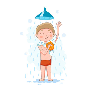 Young baby boy takes a shower with soap, scrubbing by shower puff.  Vector illustration colorful isolated on white background