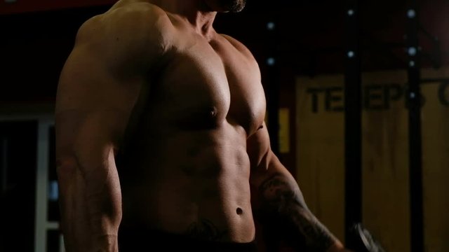 Man doing lift-ups, holding heavy dumbbells in hands, workout for arm muscles