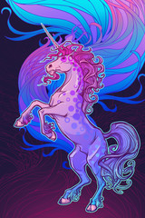 Rearing up Unicorn. Fantasy concept art for tattoo, logo. Colour drawing isolated on bright watercolor textured background. EPS10 vector illustration.