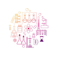 Fototapeta na wymiar chemistry, science. set of linear icons on white background. experiment, research, chemical reactions. vector.