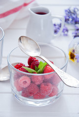 Fresh Organic Raspberries in glasses for Breakfast 