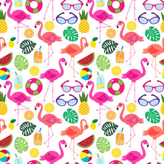 Seamless Vector Pattern with Flamingos and Other Summer Themed Elements