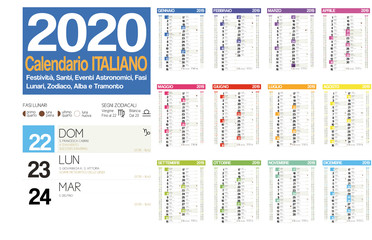 2020 italian calendar with italian holidays, zodiac , saints, moon phases, astronomical events, sunset and sunrise