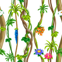 Twisted wild liana branch seamless pattern. Jungle vines plant.
