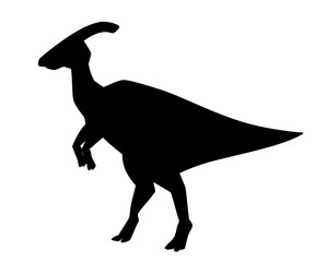 Black silhouette. Green parasaurolophus. Cute dinosaur, cartoon design. Flat vector illustration isolated on white background. Animal of jurassic world. Giant herbivore dinosaur