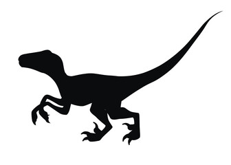 Naklejka premium Black silhouette. Brown raptor. Cute dinosaur, cartoon design. Flat vector illustration isolated on white background. Animal of jurassic world. Small carnivore dinosaur