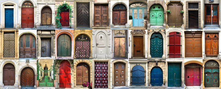 Collage of 36 colourful front doors