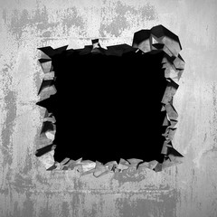 Dark cracked broken hole in concrete wall