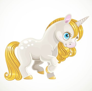 Cute white unicorn with a golden mane stand on white background