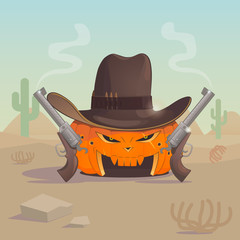 Cowboy pumpkin has two guns in the hot desert