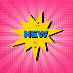 Fototapeta premium Sale promo comic speech bubble. Comic book explosion with text, discount shopping starburst in pop-art style. Funny banner comics pink background with retro rays. Vector illustration