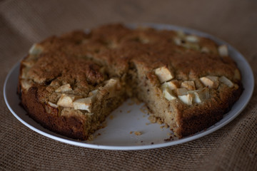 Homemade Healthy Vegan Oat apple pie pastry on burlap surface.