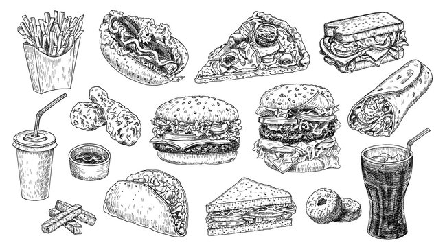 Fast food set hand drawn vector illustration. Hamburger, cheeseburger, sandwich, pizza, chicken, taco, french fries, hot dog, doughnuts, burrito and cola engraved style, sketch isolated on white.