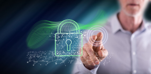 Man touching a digital security concept