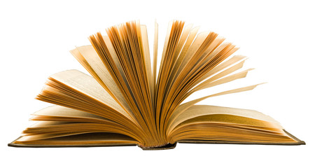 Old open book with yellowed pages isolated on white 