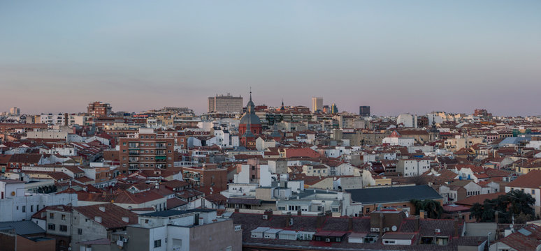 Panoramic image of the city of Madrid at sunset
